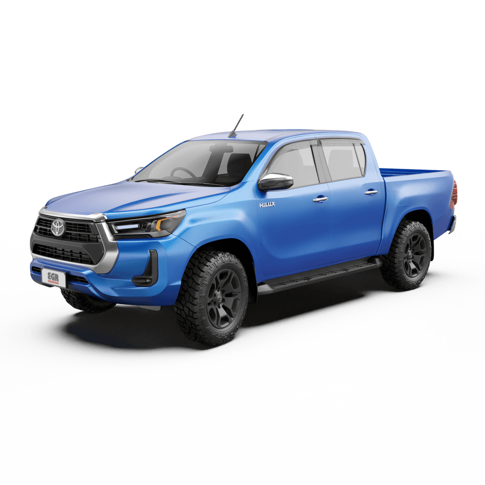 Front three-quarter view of Toyota Hilux fitted with EGR Slimline Weather Shields, showing low-profile design along side windows