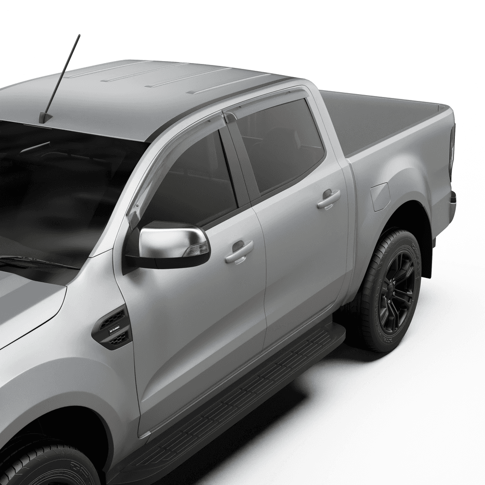 Close-up of Ford Ranger PX door window with EGR Slimline Weather Shield installed