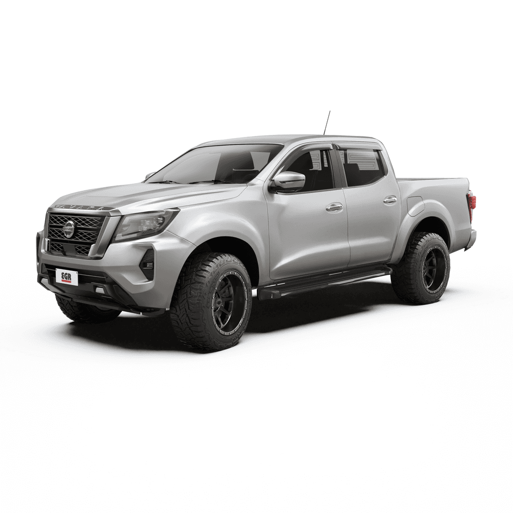 Nissan Navara 2021-onwards fitted with EGR Slimline Weather Shields, shown from front angle highlighting low-profile window visors