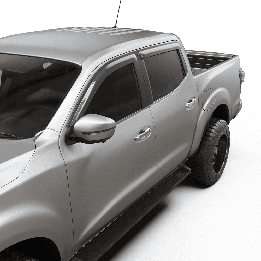 Close-up of EGR Slimline Weather Shield on Nissan Navara door window, showing low-profile acrylic visor and flush fit