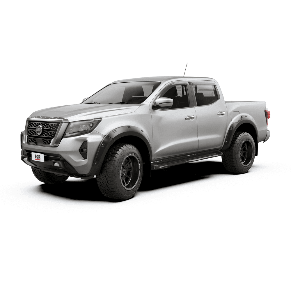 Nissan Navara 2021-onwards fitted with EGR Slimline Weather Shields, shown from front angle highlighting low-profile window visors
