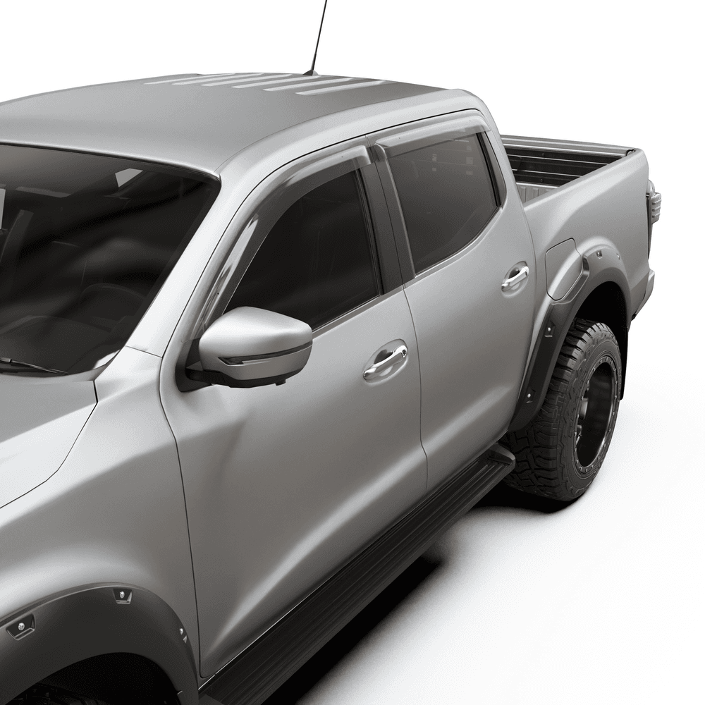 Close-up of EGR Slimline Weather Shield on Nissan Navara door window, showing low-profile acrylic visor and flush fit