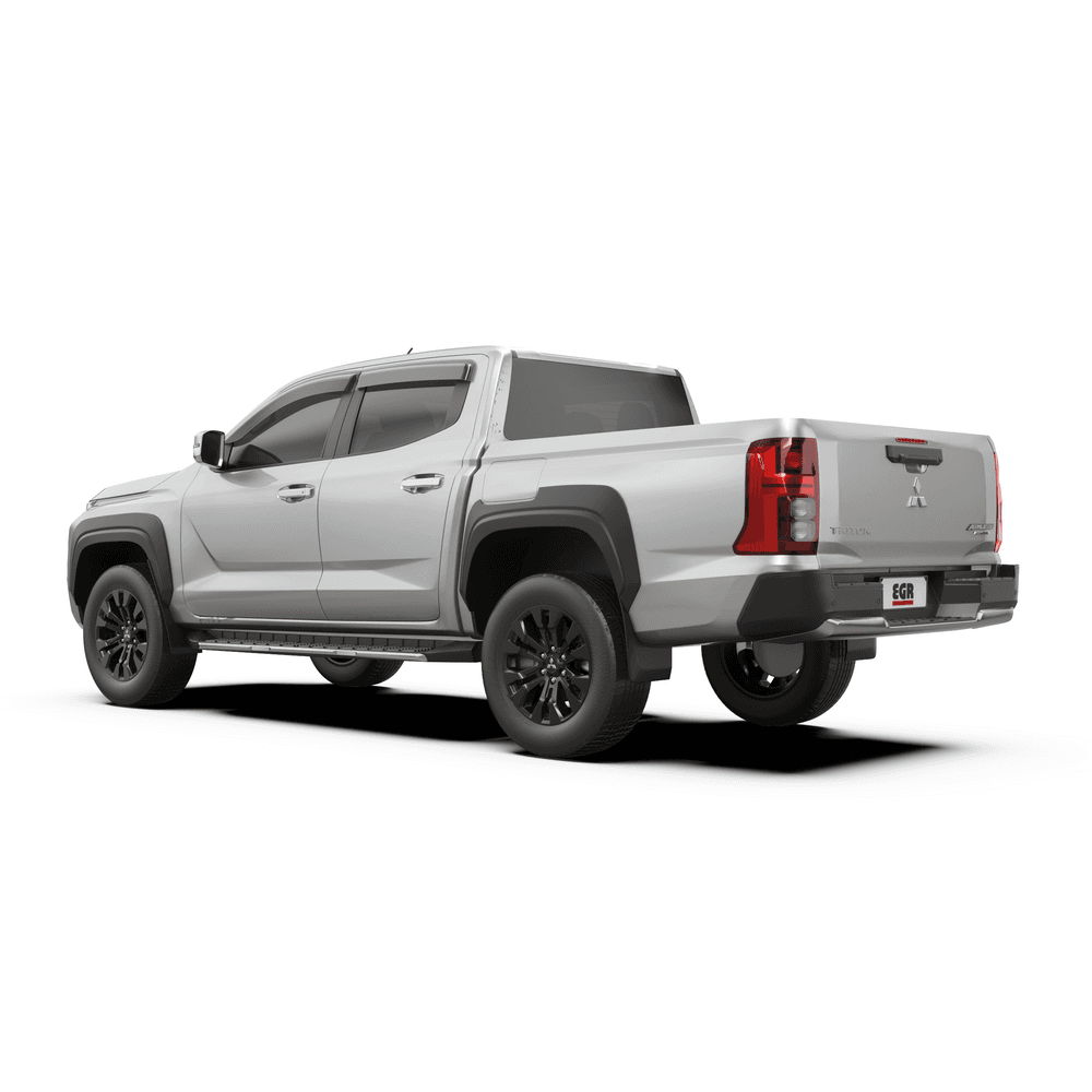 Rear three-quarter view of Nissan Navara with EGR Slimline Weather Shields installed on front and rear doors