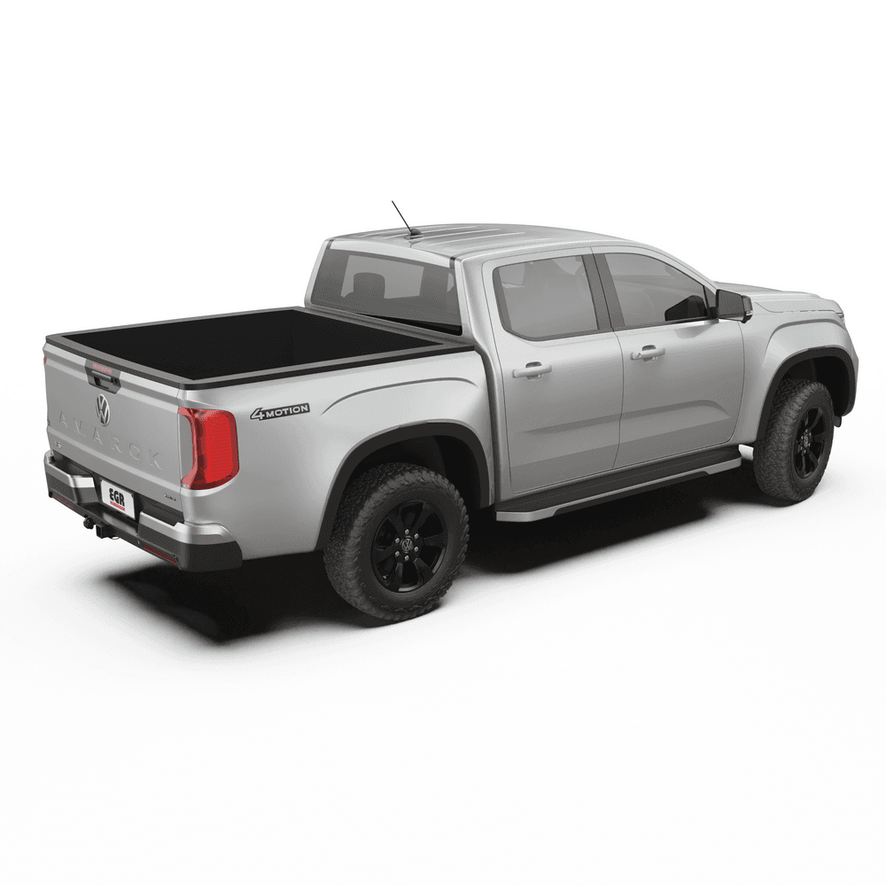 Rear three-quarter view of Volkswagen Amarok with EGR Slimline Weather Shields installed, maintaining a sleek factory-style appearance
