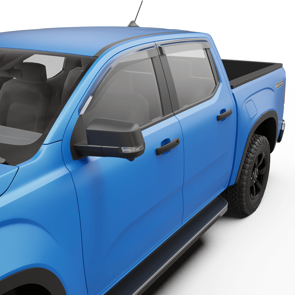 Close-up of Volkswagen Amarok door window fitted with EGR Slimline Weather Shield showing slim, clamp-on design