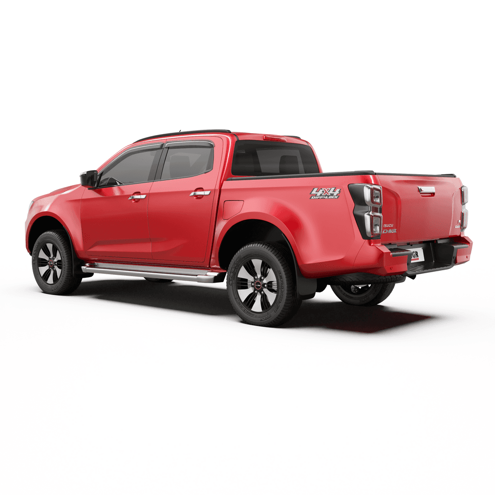 Rear three-quarter view of Isuzu D-Max with EGR slimline weather shields installed for rain-safe ventilation