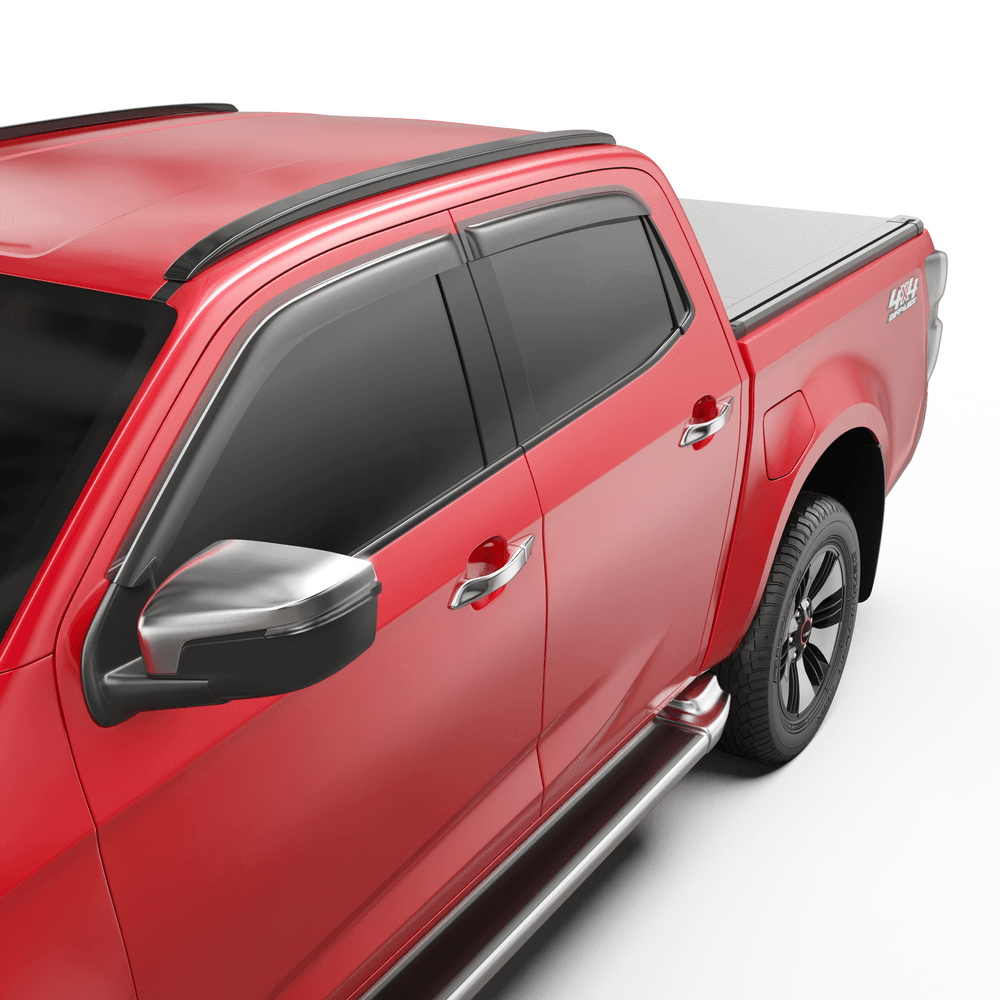 Close-up of Isuzu D-Max door area showing EGR slimline weather shield design and window fitment