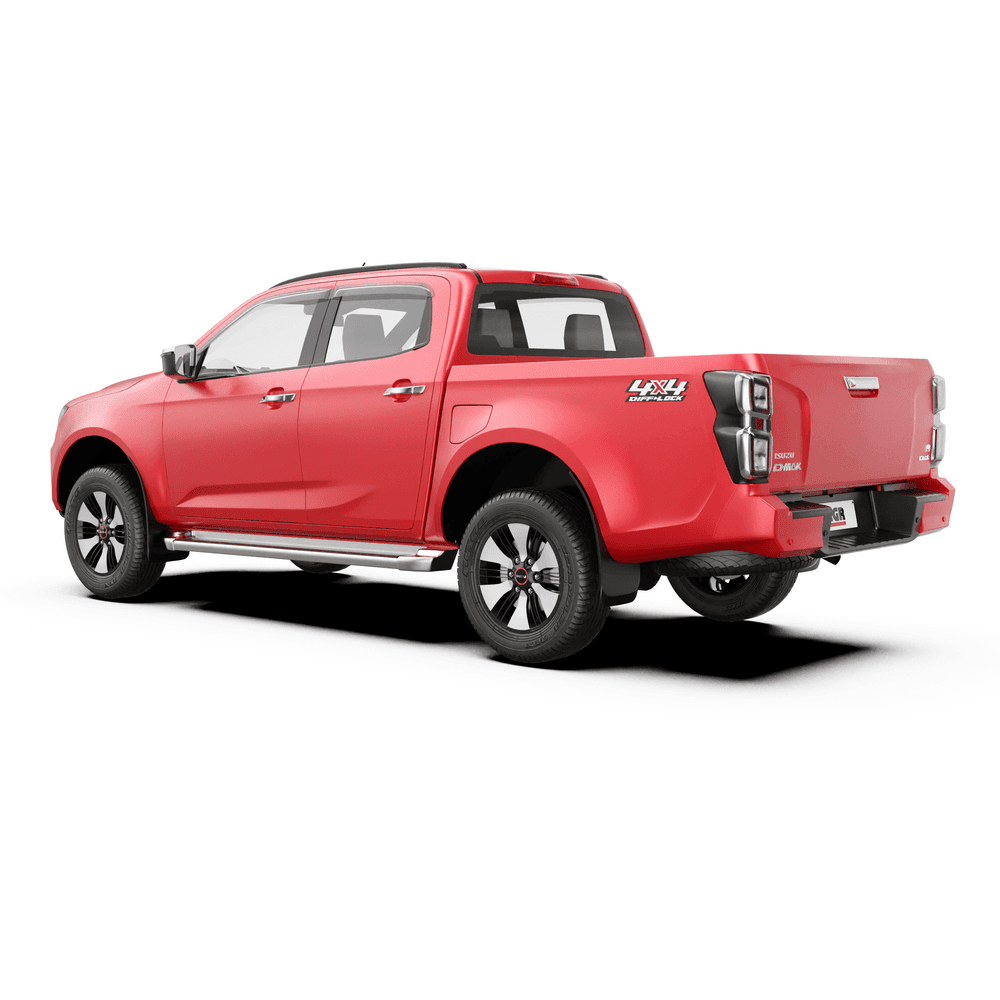 Rear three-quarter view of Isuzu D-Max with EGR slimline weather shields installed for rain-safe ventilation
