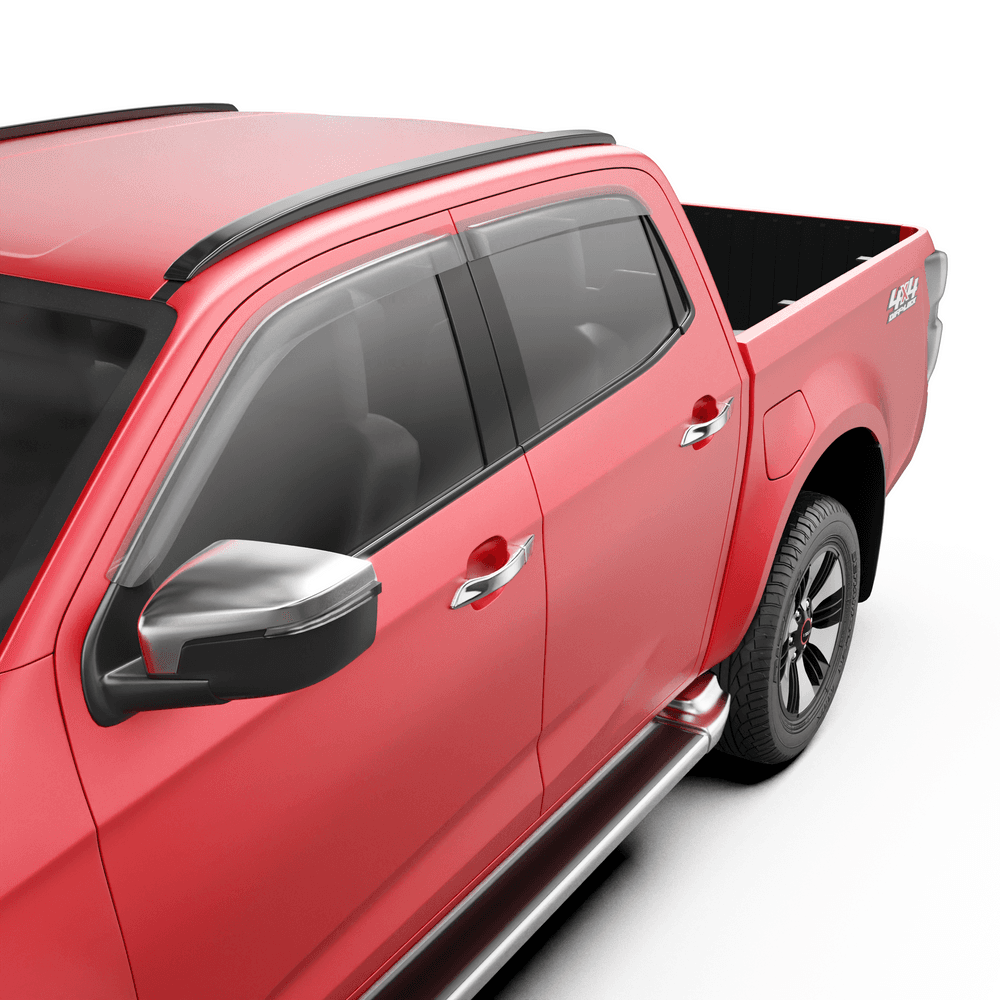 Close-up of Isuzu D-Max door area showing EGR slimline weather shield design and window fitment