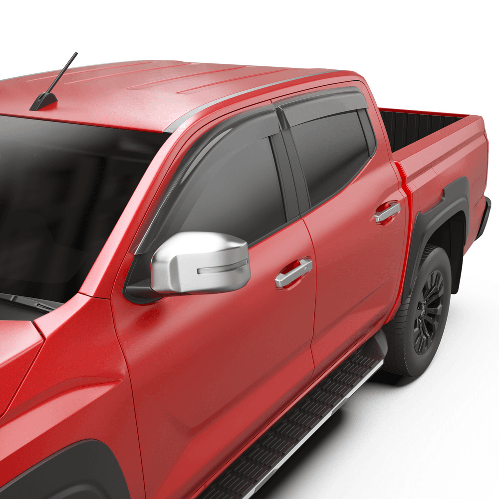 Close-up of EGR Slimline Weather Shield on Mitsubishi Triton MV door window showing clamp-on design