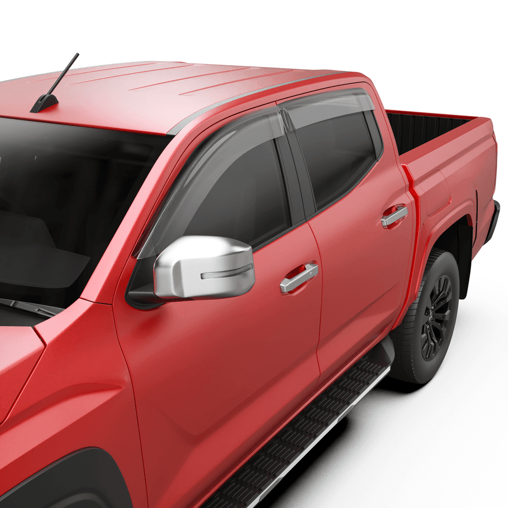 Close-up of EGR Slimline Weather Shield on Mitsubishi Triton MV door window showing clamp-on design