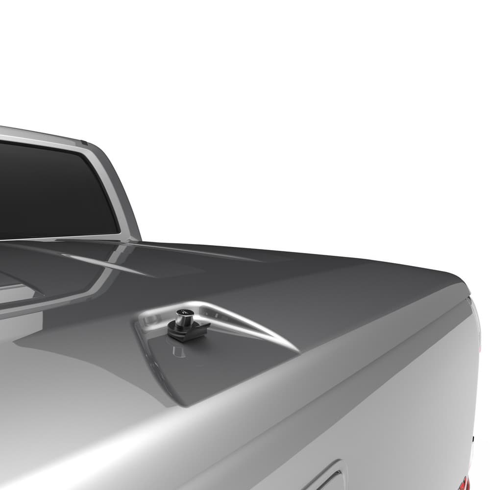 Rear three-quarter view of Amarok hard lid with push-button lock and gas strut assisted opening