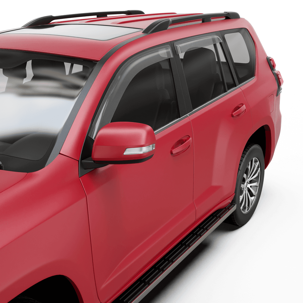 Toyota Prado 2017–2023 side window fitted with EGR slimline weather shields for improved airflow and rain protection