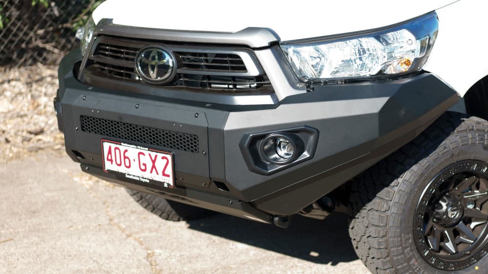 Close-up of EGR CrossTrac bullbar on Toyota Hilux with integrated driving lights