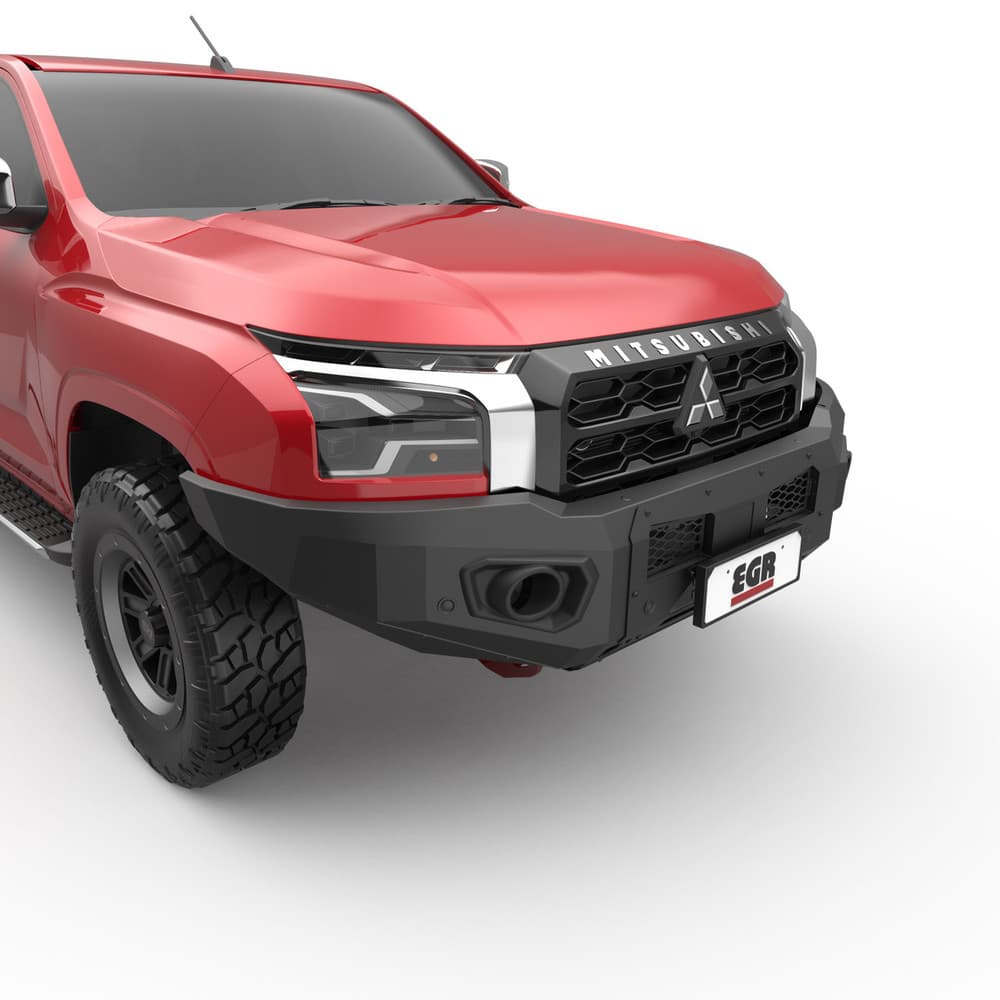 Front angle view of red ute fitted with 3 piece steel bullbar