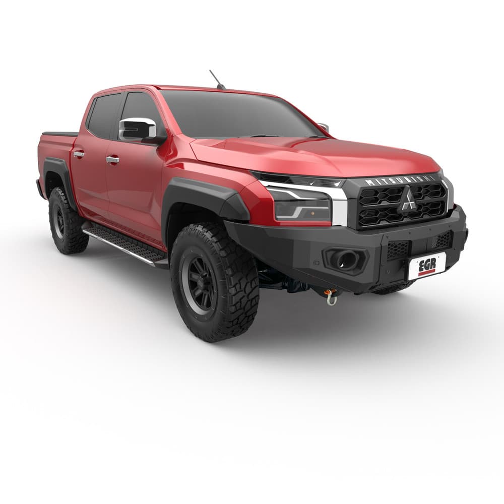 Front side view of red ute with matte black full bumper replacement bullbar