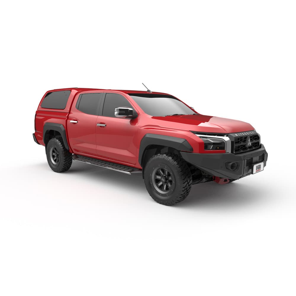 Side angle view of red ute fitted with winch compatible steel bullbar