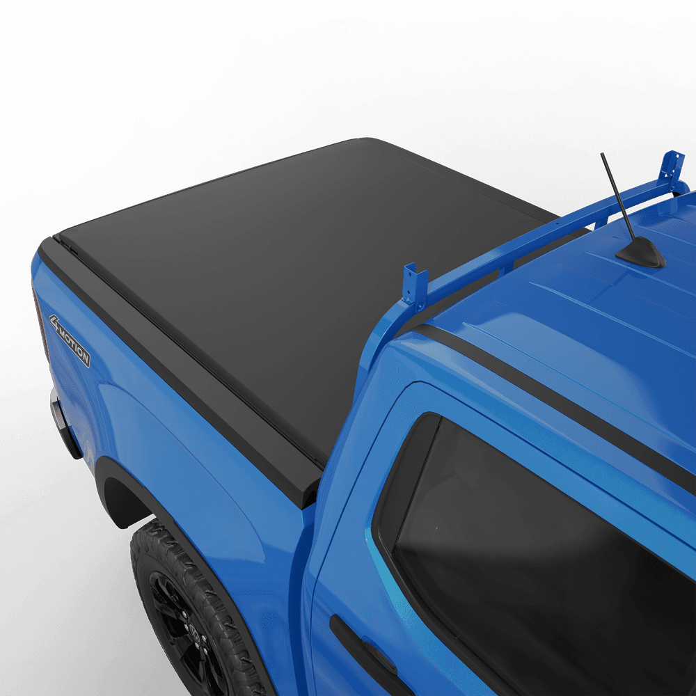 Close-up of EGR soft tonneau cover material on Amarok NF, showing UV-resistant matte black vinyl finish