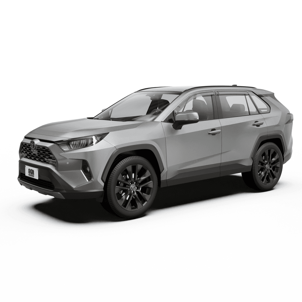 Toyota RAV4 2019-onwards fitted with EGR Slimline Weather Shields shown from front angle, highlighting low-profile window deflectors