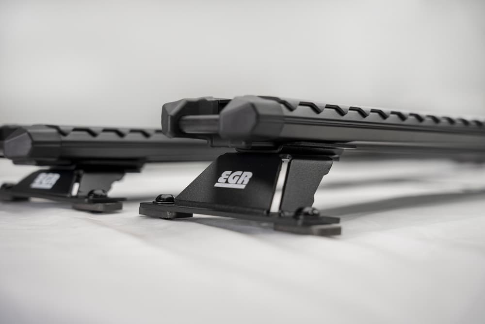 Close-up of EGR GEN3 canopy crossbar mounting leg and Yakima TrimHD crossbar connection