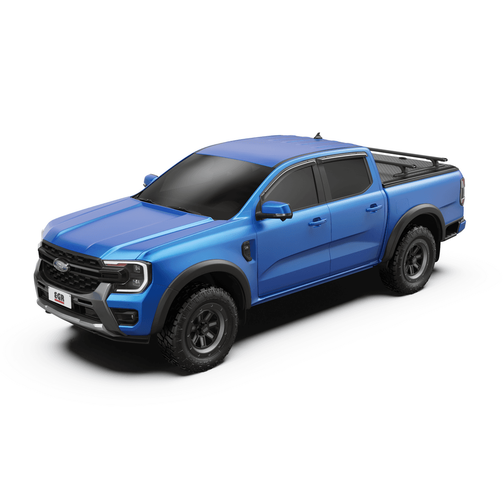 Side view of blue ute with RollTrac Crossbar Kit installed, showing low-profile crossbar setup