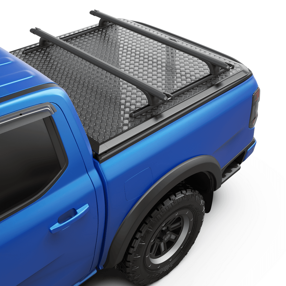 Detail view of black powder-coated RollTrac crossbar showing steel construction and mounting brackets