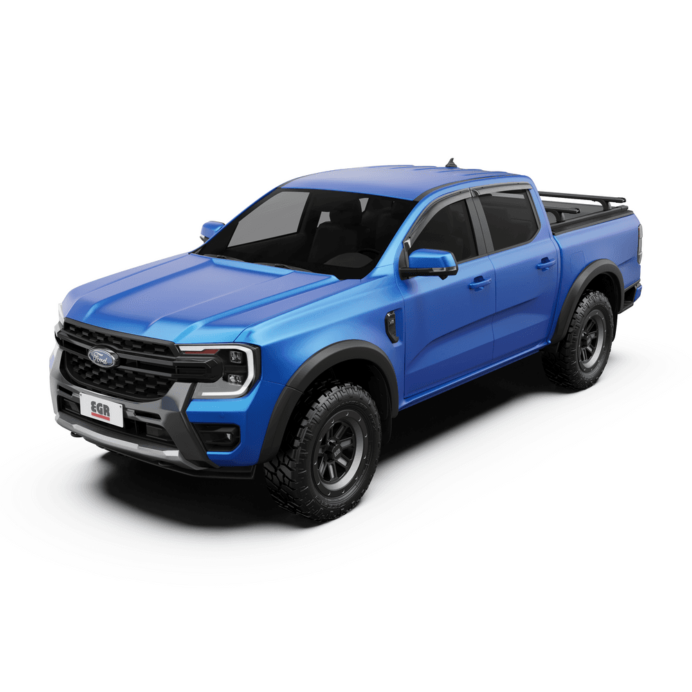 Side view of blue ute with RollTrac Crossbar Kit installed, showing low-profile crossbar setup