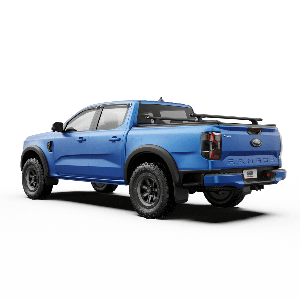 Blue ute with EGR RollTrac Crossbar Kit installed, showing crossbars mounted across tub for carrying gear