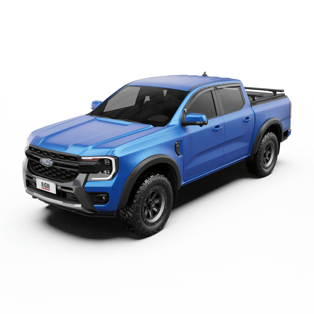 Side view of blue ute with RollTrac Crossbar Kit installed, showing low-profile crossbar setup