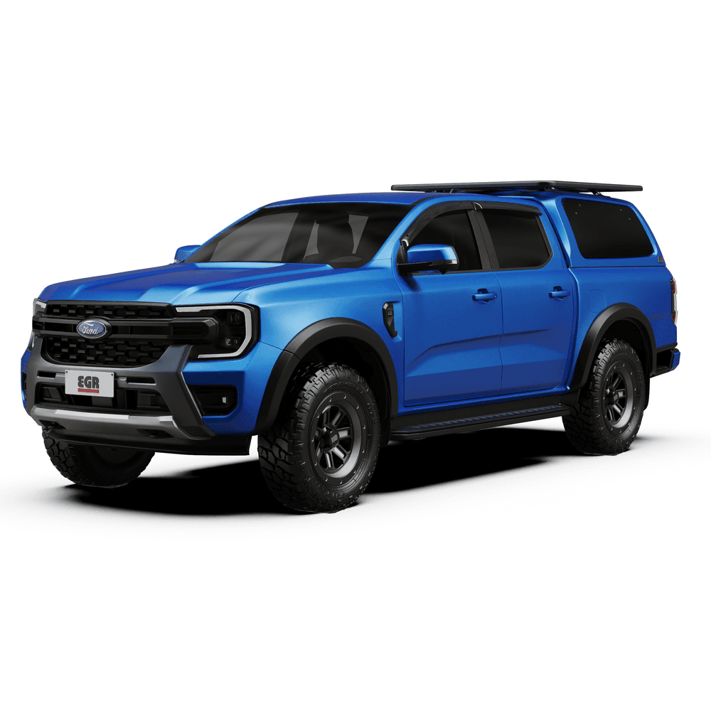 Front three-quarter view of blue ute fitted with EGR RollTrac Crossbar Kit mounted across tub rails