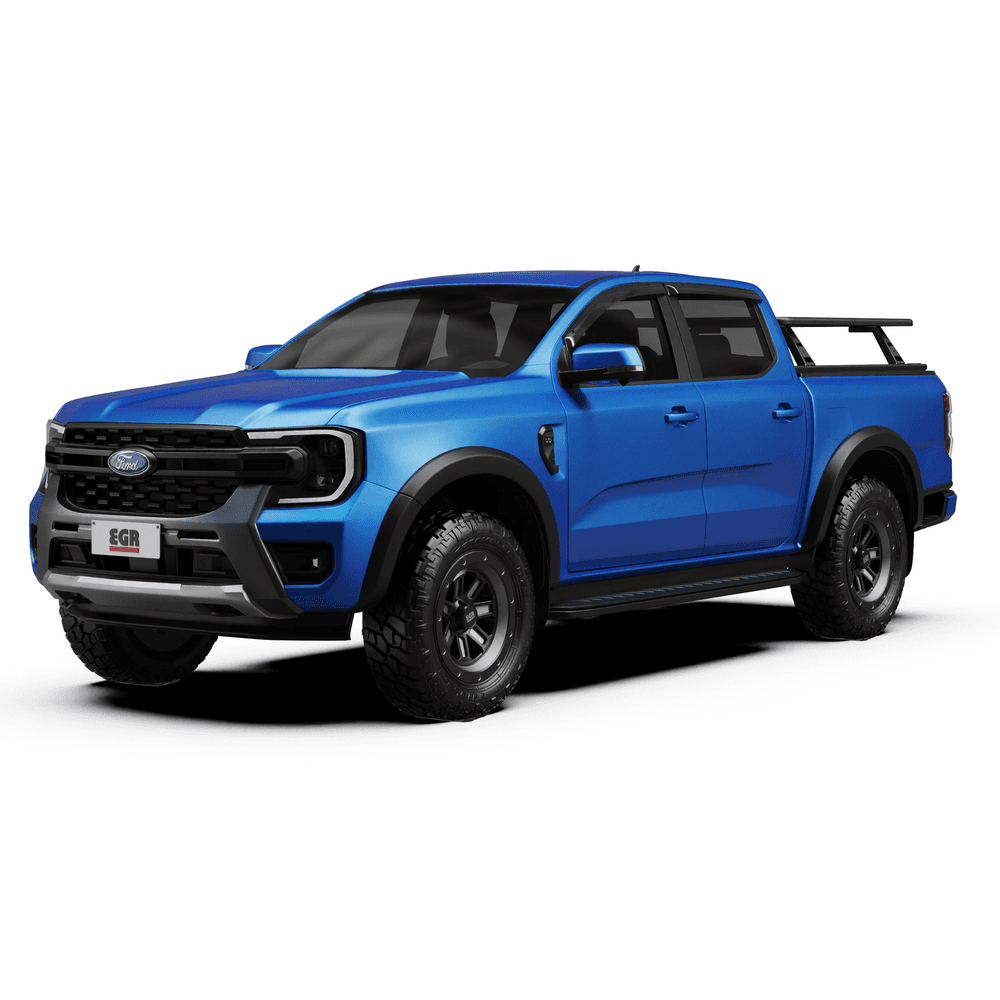 Side view of ute showing EGR RollTrac crossbars installed above the tub for carrying gear