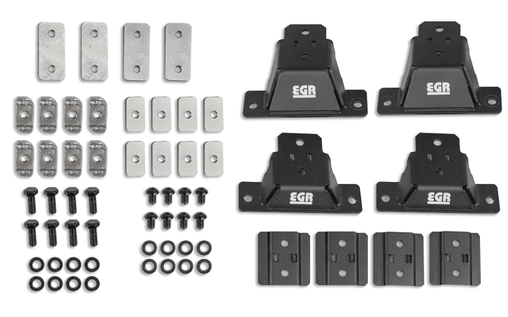 EGR GEN3 Canopy Leg Kit SM components laid out, including mounting legs, adapter plates, bolts, washers, and hardware for crossbar installation on GEN3 canopy