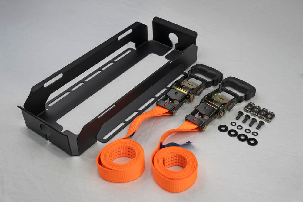 EGR Platform fuel can mount kit showing mounting brackets, hardware, and orange tie-down straps for securing jerry cans on platform rack