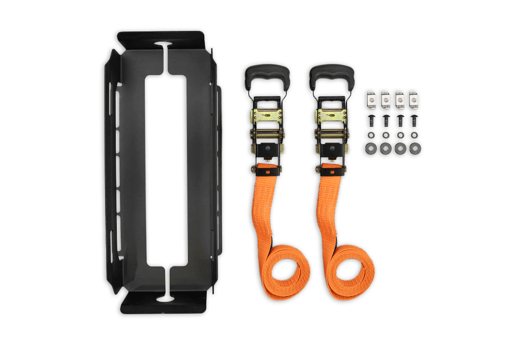 EGR Platform fuel can mount kit showing mounting brackets, hardware, and orange tie-down straps for securing jerry cans on platform rack