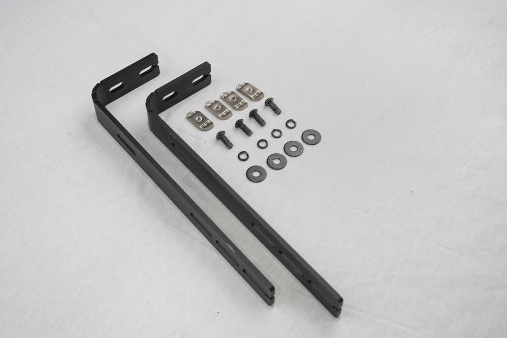 Close-up of EGR Platform heavy duty awning mounting brackets and hardware designed for secure awning installation on roof racks