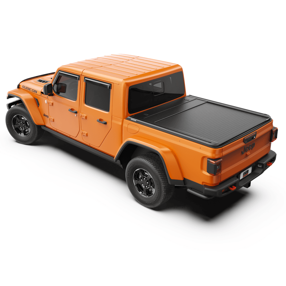 Jeep Gladiator red ute fitted with EGR RollTrac Electric E3, angled rear view highlighting low-profile aluminium cover.