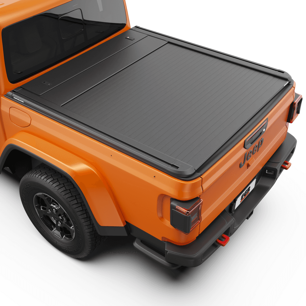 Close-up of EGR RollTrac Electric E3 corner detailing on Jeep Gladiator, showing strong aluminium construction.