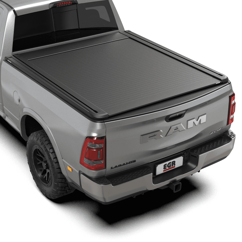RAM DJ 3500 fitted with EGR RollTrac Electric E3 aluminium tonneau cover, shown closed in matte black finish
