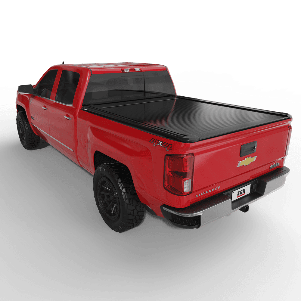 Top-down rear view of Chevrolet Silverado 2500 with EGR RollTrac Electric E3 tonneau cover installed and fully closed