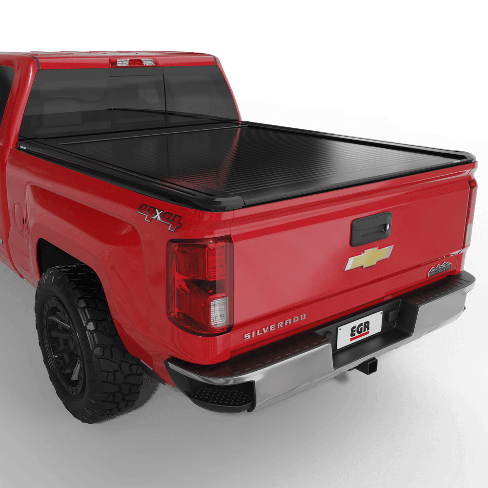 Chevrolet Silverado 2500 fitted with EGR RollTrac Electric E3 tonneau cover, closed position showing low-profile aluminium slat design