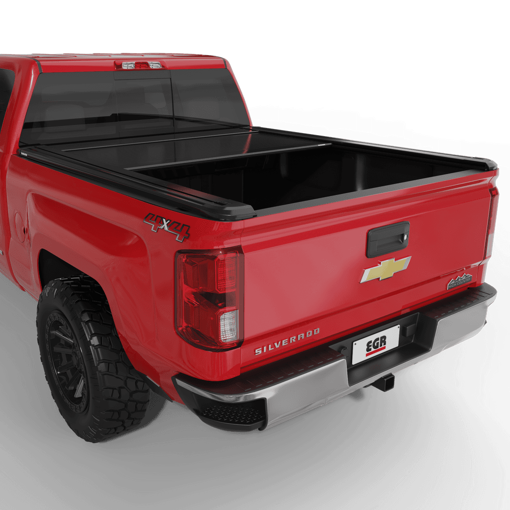 Chevrolet Silverado 2500 tray secured with EGR RollTrac Electric E3 electric tonneau cover, highlighting locking aluminium slats