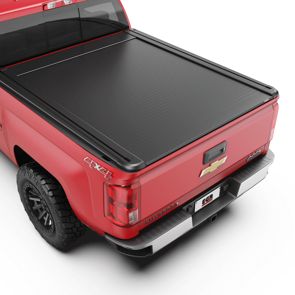 Chevrolet Silverado 2500 fitted with EGR RollTrac Electric E3 tonneau cover, closed position showing low-profile aluminium slat design