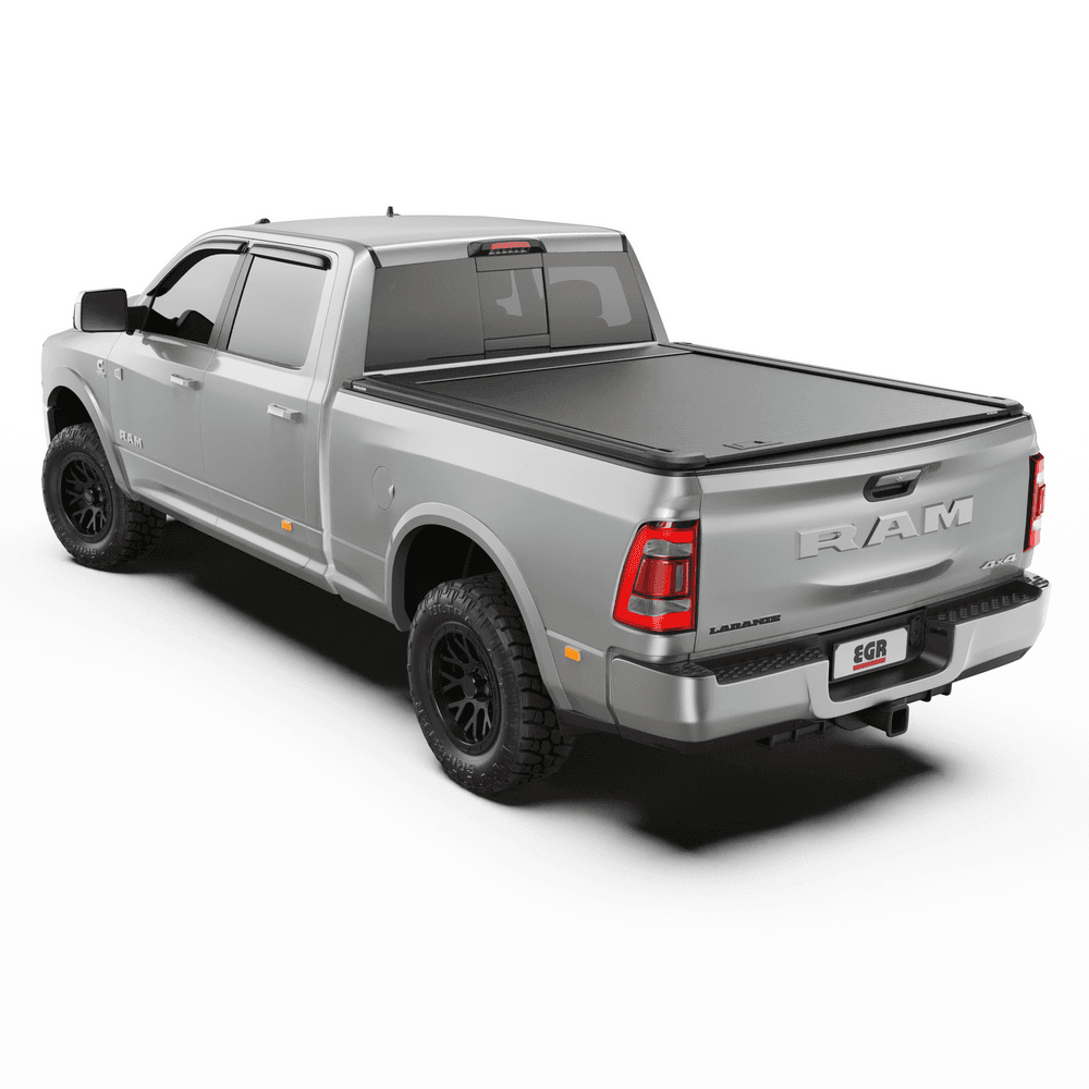 Rear view of RAM DJ 2500 with EGR RollTrac Manual tonneau cover fully closed and locked