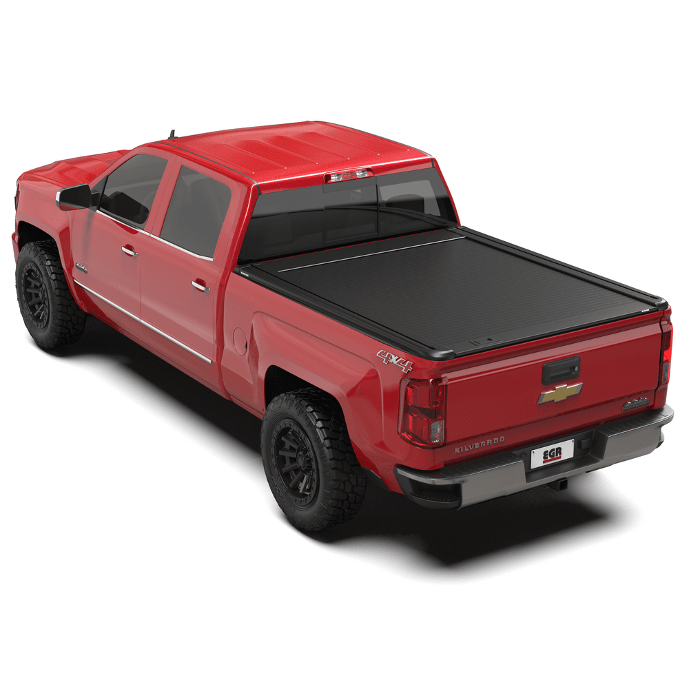 Rear three-quarter view of Chevrolet Silverado 2500 fitted with EGR RollTrac Manual roller tonneau cover