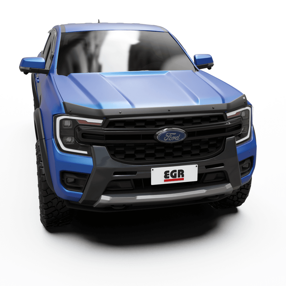 Front view of Ford Ranger RA 2022-Onwards with EGR Bonnet Protector installed, showing durable bonnet protection and factory-style fit