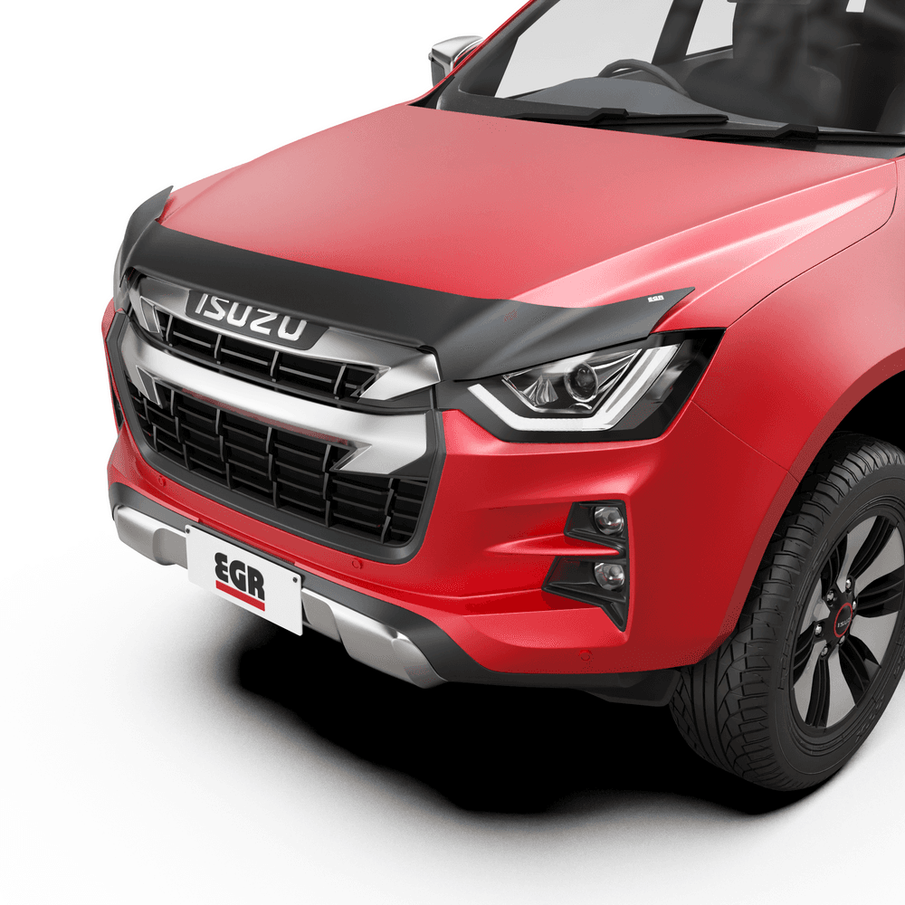 Isuzu D-Max 2020-Onwards fitted with EGR Bonnet Protector in matte black, protecting bonnet from stone chips and road debris.