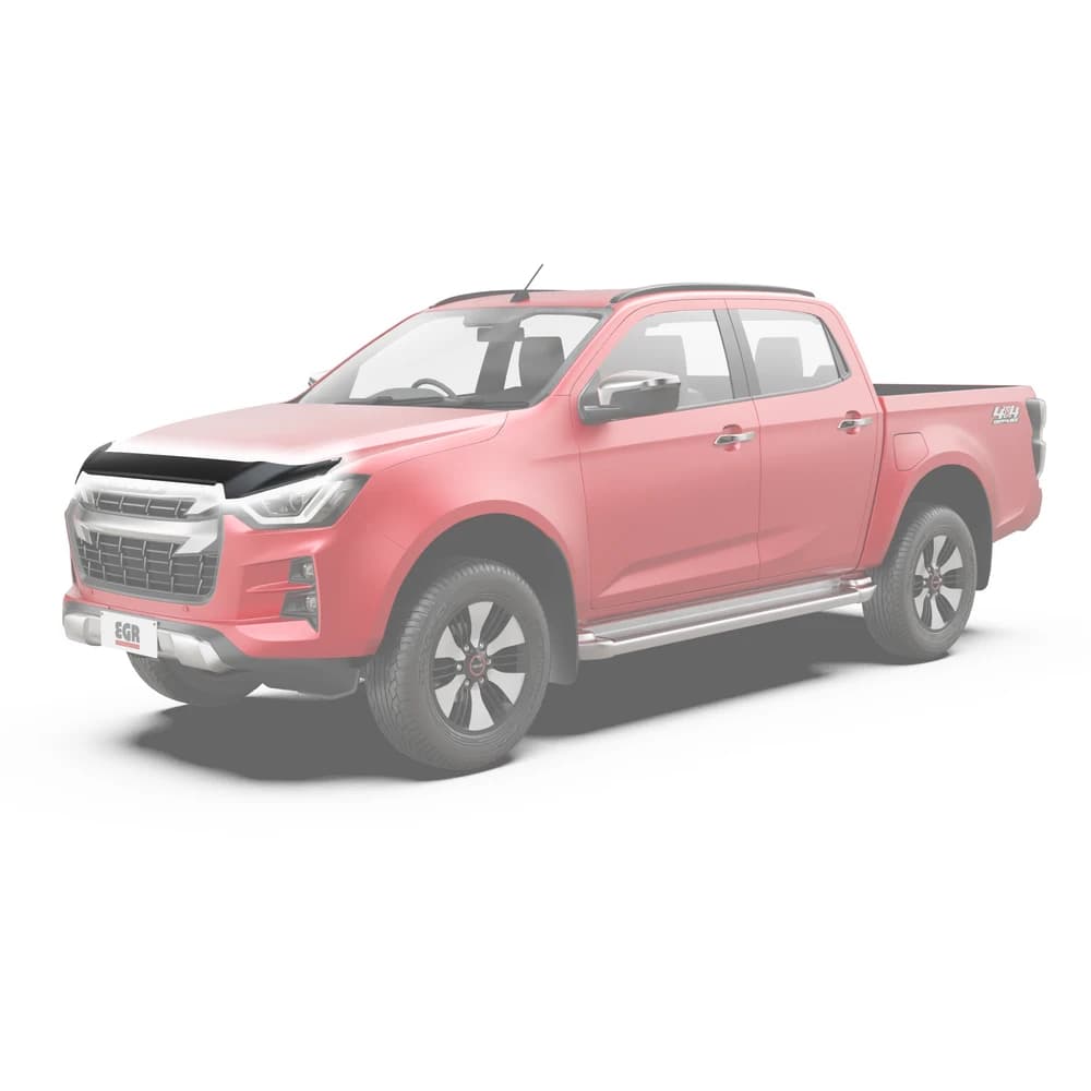 Red Isuzu D-Max 2020 model with EGR Bonnet Protector installed, sleek factory-style bonnet guard.