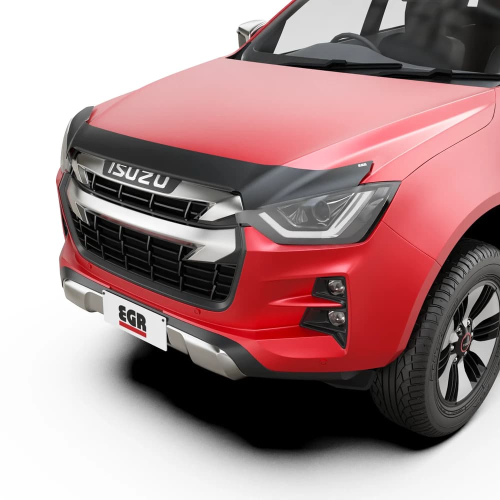 Isuzu D-Max 2020-Onwards fitted with EGR Bonnet Protector in matte black, protecting bonnet from stone chips and road debris.