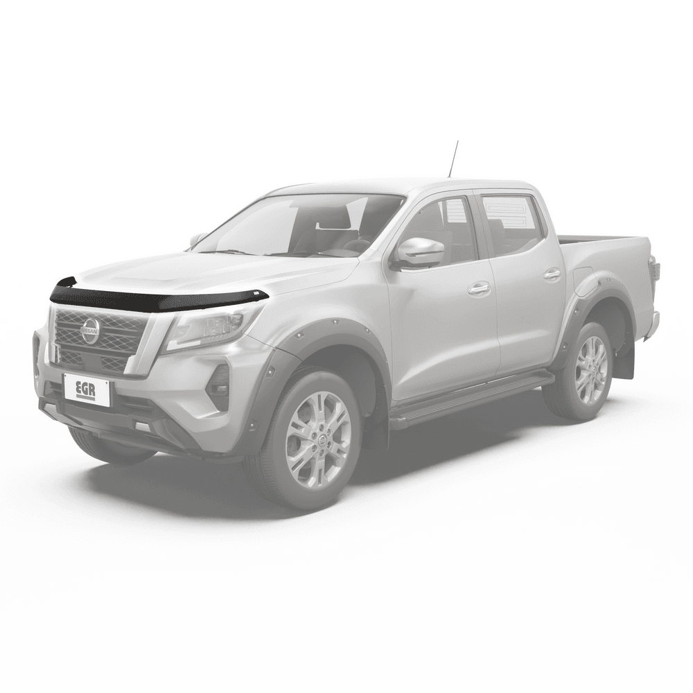 Red Nissan Navara 2021-Onwards with EGR Bonnet Protector installed, sleek factory-style bonnet guard.
