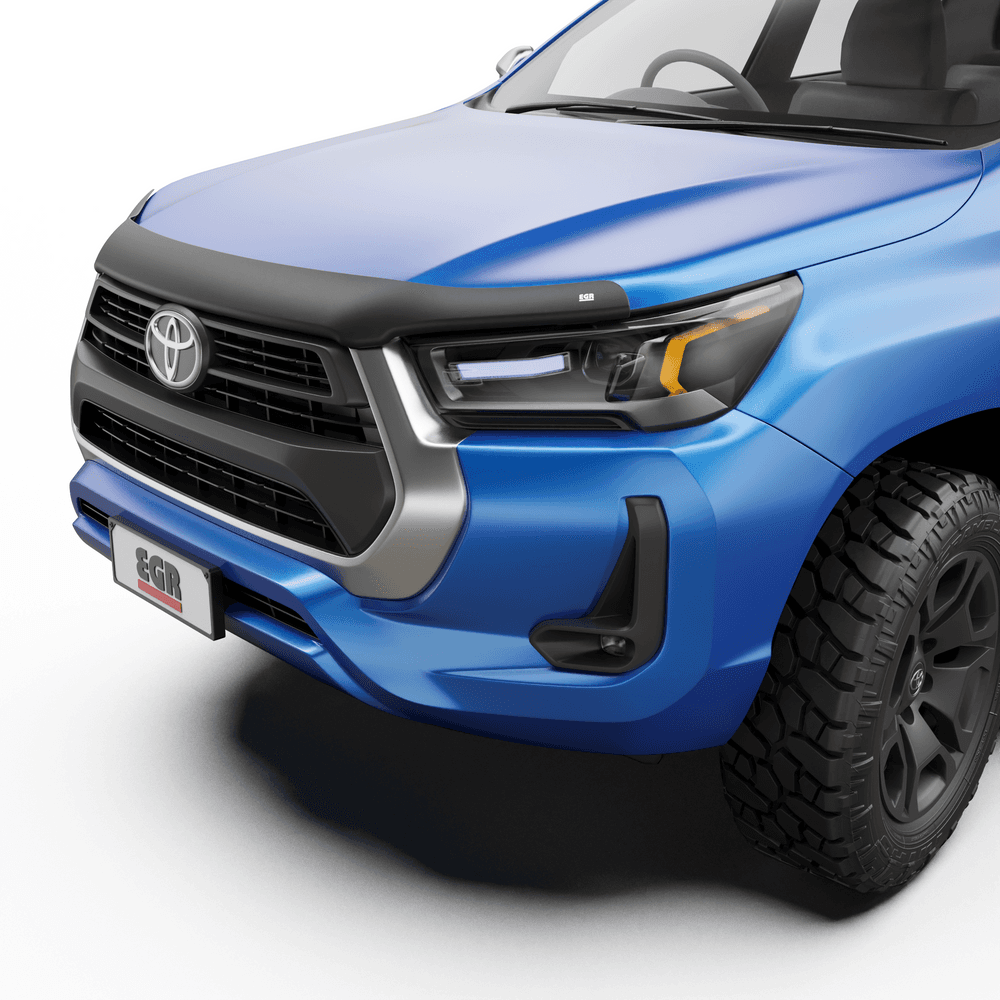 Toyota Hilux 2020-Onwards fitted with EGR Bonnet Protector in matte black, showing front-end stone chip protection and sleek factory-style fit.